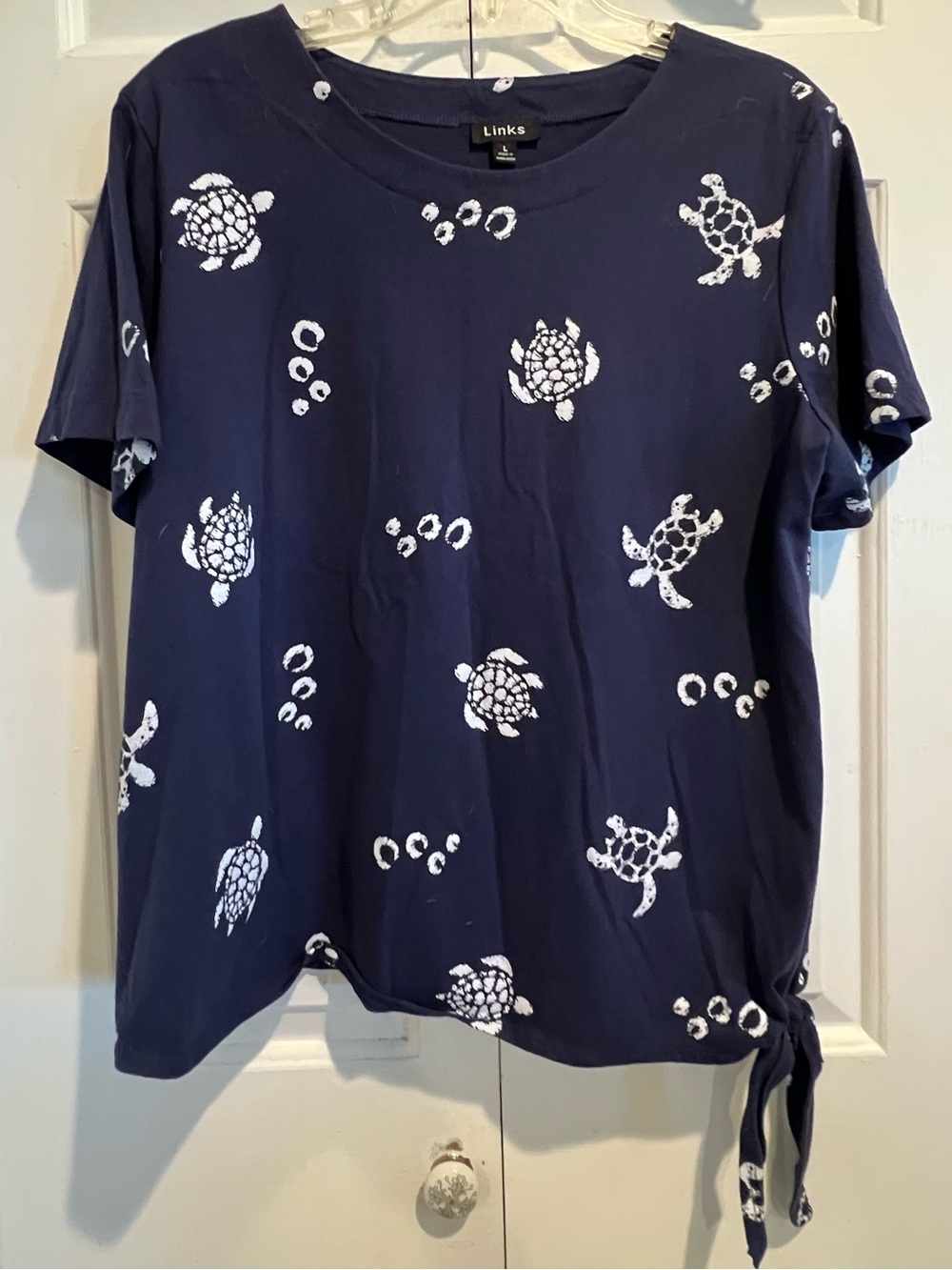Navy Blue 🐢 Short-Sleeve Turtle Print Top w Side Tie